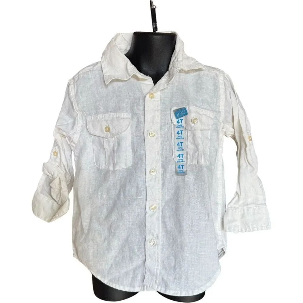 NWT Toddler Boys The Childrens Place White Linen Button Down Dress Shirt - Sz 4T
